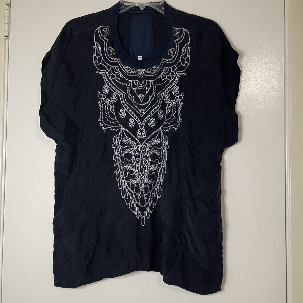 Johnny Was navy blue embroidered crew neck tunic top Small